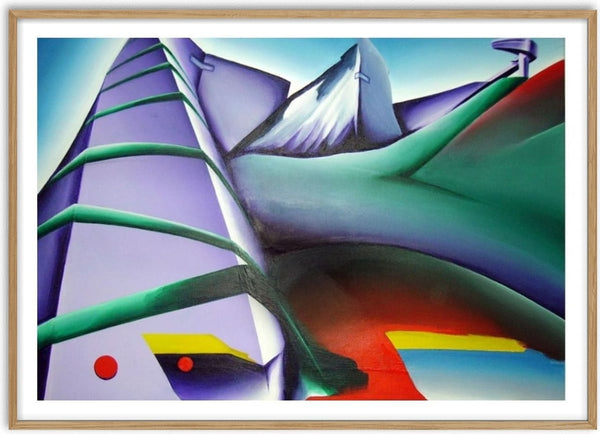Futuris Landscape II by Luis Valquaresma - a purple tower against teal hills and snow-capped peaks