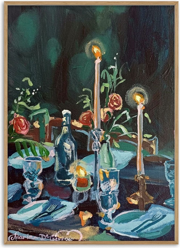 Garden Banquet by Mariam De Giorgio - two candles over crystal, roses and pale blue plates in a dark garden