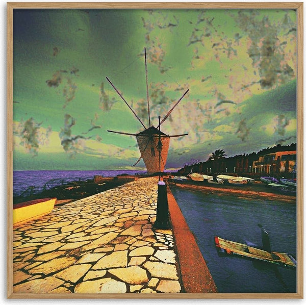 Garitsa Windmill by Pelecan Schneider - Corfu windmill at the end of a stone jetty under a swirling green and violet sky