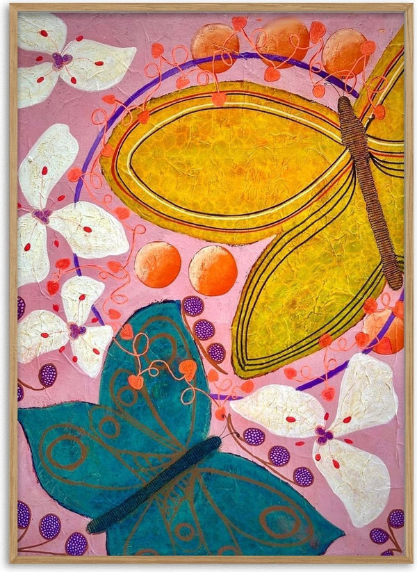 Gentle things by LGDyrby - a yellow and a teal butterfly among white paper flowers and purple berries on pink