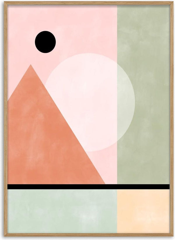 Abstract pastel artwork with geometric shapes including a triangle, circle, and rectangles in soft tones.