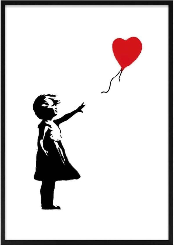 Stencil art of a girl reaching for a red heart-shaped balloon, inspired by Banksy's "Girl With Love Balloon."
