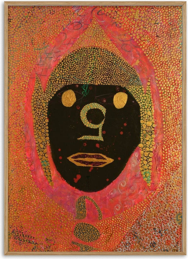 GOA by Ali Kasap - a black face with gold eyes and lips in a field of gold dots on pink and red