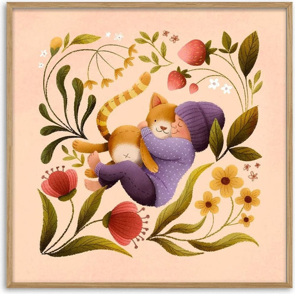 hello baby by Justyna - child in a purple hat hugging a ginger cat among flowers