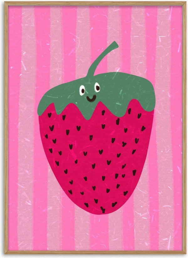 Illustration of a smiling strawberry with cartoon eyes on a pink striped background for Hello strawberry by Raissa Oltmanns.