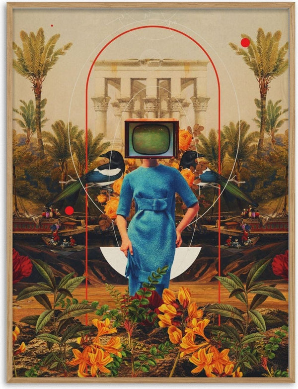 Surreal collage of a woman in blue with a TV for a head, floral elements, and birds; art by Frank Moth.