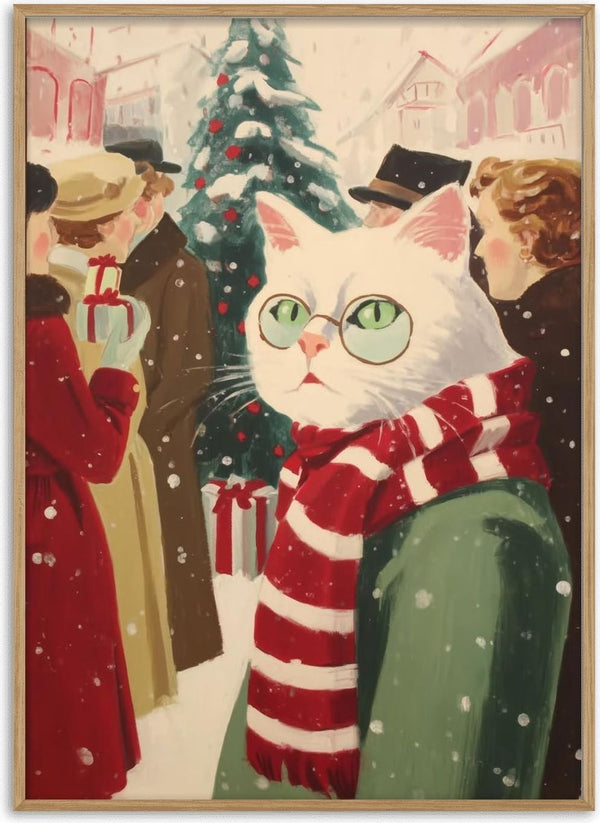 White cat with glasses and red scarf in a festive winter scene, surrounded by people and gifts.