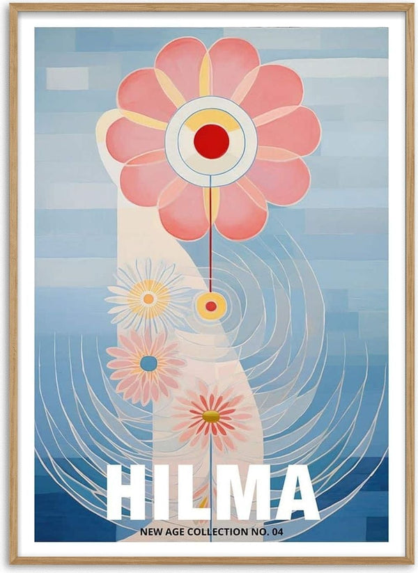 Abstract art print for Hilma No 04 - Tara Green featuring bold flowers and geometric shapes on a blue background.