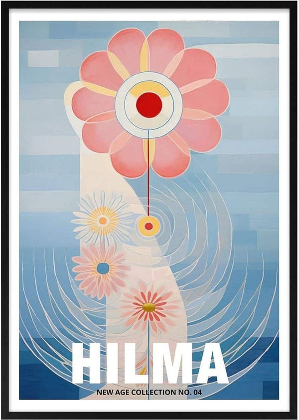 Abstract art print for Hilma No 04 - Tara Green featuring bold flowers and geometric shapes on a blue background.