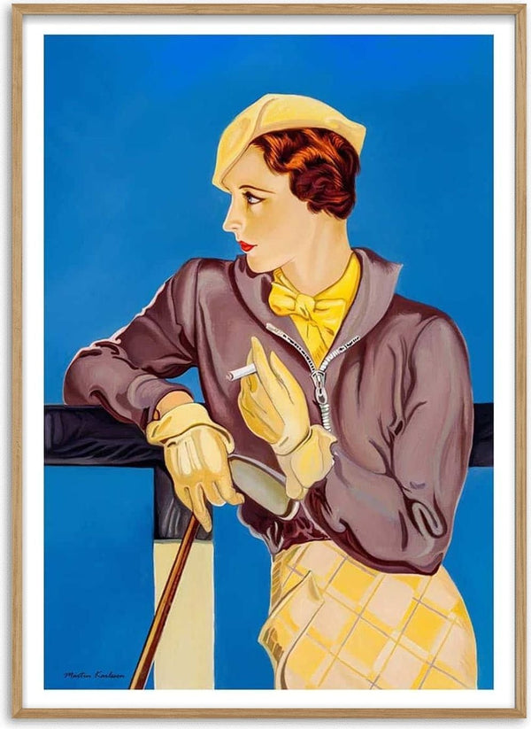 Art print of a stylish woman in vintage attire, holding a cigarette, featured on Hold You Thoughts product page.