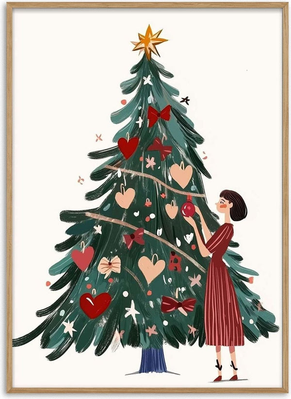Woman decorating Christmas tree with ornaments and bows for a festive Holiday Magic celebration.