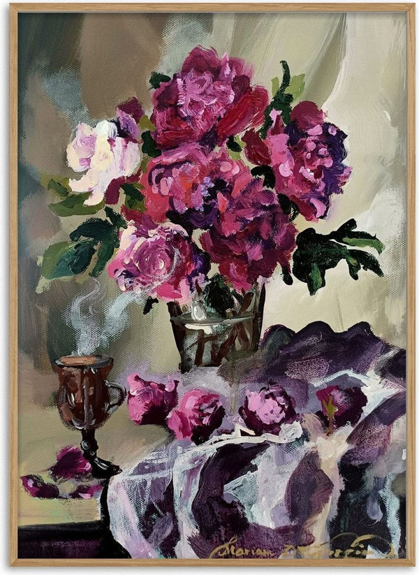 Hot chocolate and magenta peonies by Mariam De Giorgio - magenta peonies in a glass vase beside a steaming cup of hot chocolate