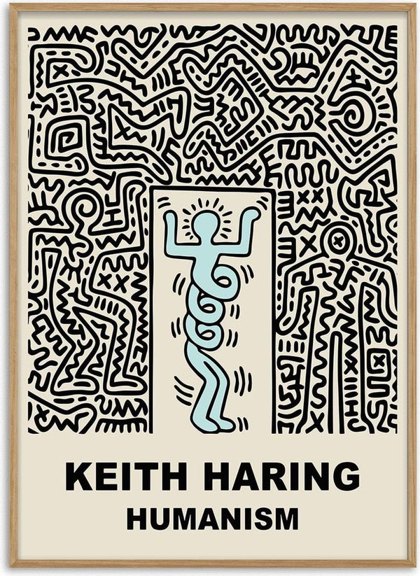 Poster for "Humanism" by Keith Haring featuring abstract human figures and bold black lines on a beige background.