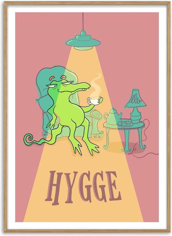 Hygge Crocodile by Elisa Albanelli - a crocodile with a cup of tea in an armchair in dusty rose and teal