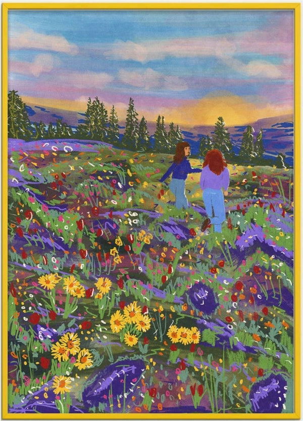 Two people walk through a vibrant wildflower field at sunset, inspired by "I show you something" by Raissa Oltmanns.