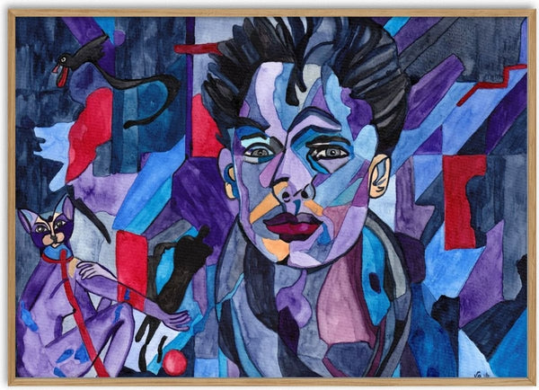 Ich kenne dich by Vera Louise Boldt - a faceted face in blue and violet with a cat on a red leash