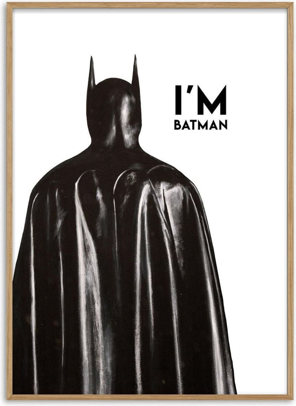 I'm Batman by Daniel Leo — black caped superhero silhouette painted in acrylic on a white background
