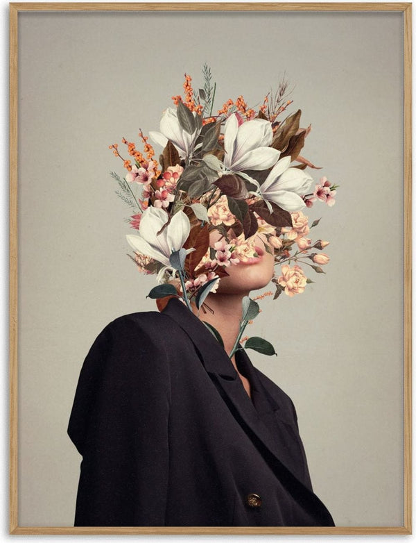 Surreal portrait of a person in a dark blazer with their face replaced by blooming autumn flowers and leaves.