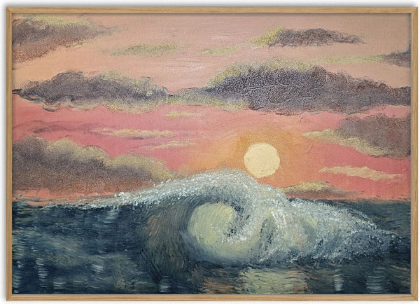 Into the Sun by Zhan Snow - a breaking wave under a coral and gold sunset sky above dark blue-green sea