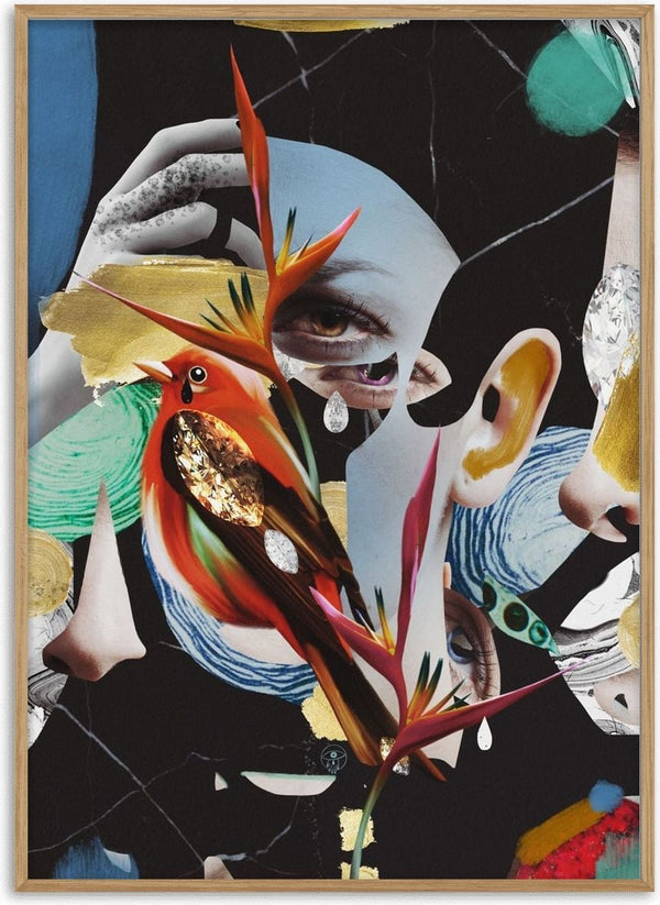 I've never woken up so early by Rocio Montoya - a red bird and cut faces on a black collage ground