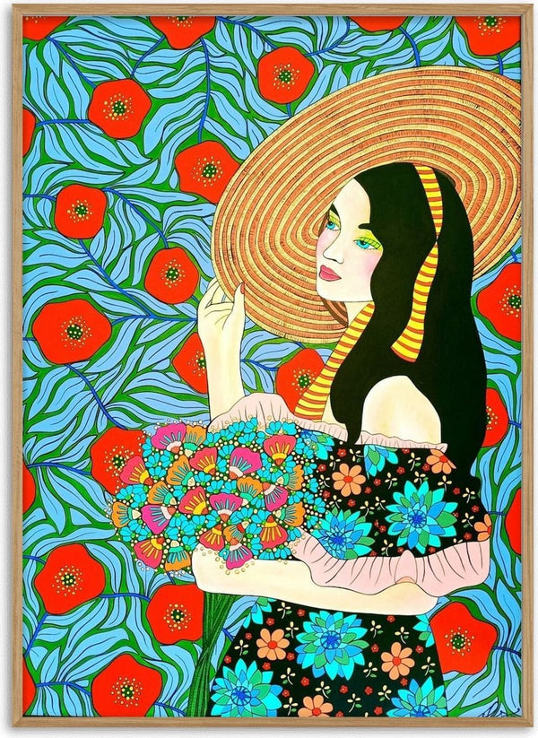 Josy by Lucrezia Solena - woman in a straw hat holding a bouquet against red flowers