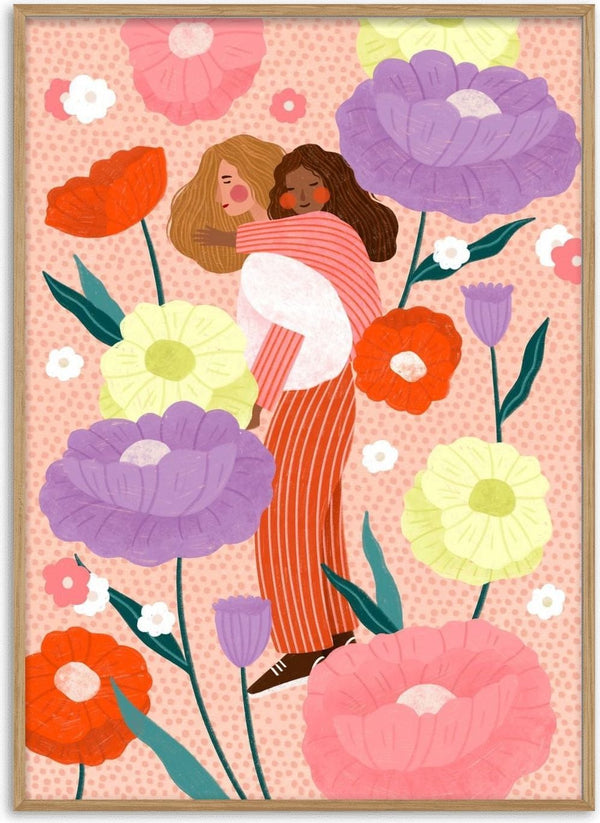 Joyful Floral Embrace by Bea Müller – two women sharing a piggyback hug among giant colourful flowers