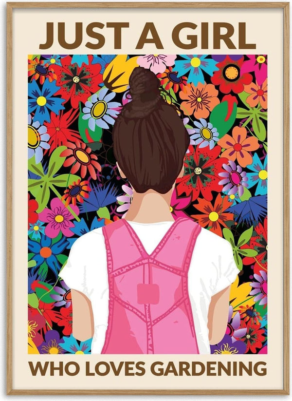 A girl in a pink apron stands before a vibrant wall of colorful flowers, celebrating a love for gardening.