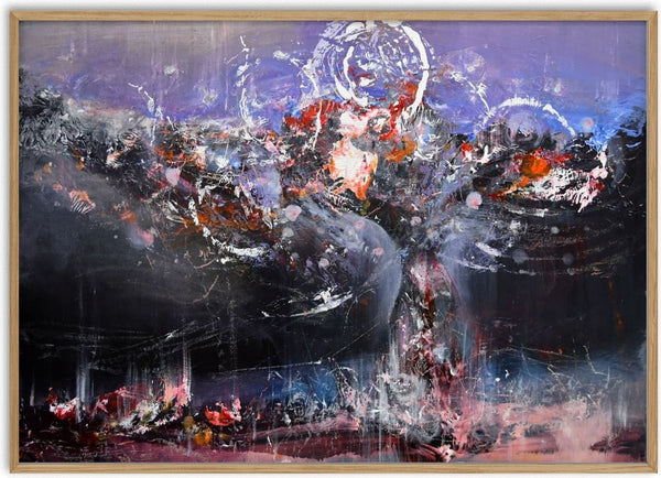 Kafkian eternity with flowers at 7 pm 13.08.2020 by Ovidiu Kloska - dark abstract landscape with red and orange bursts under a lavender sky