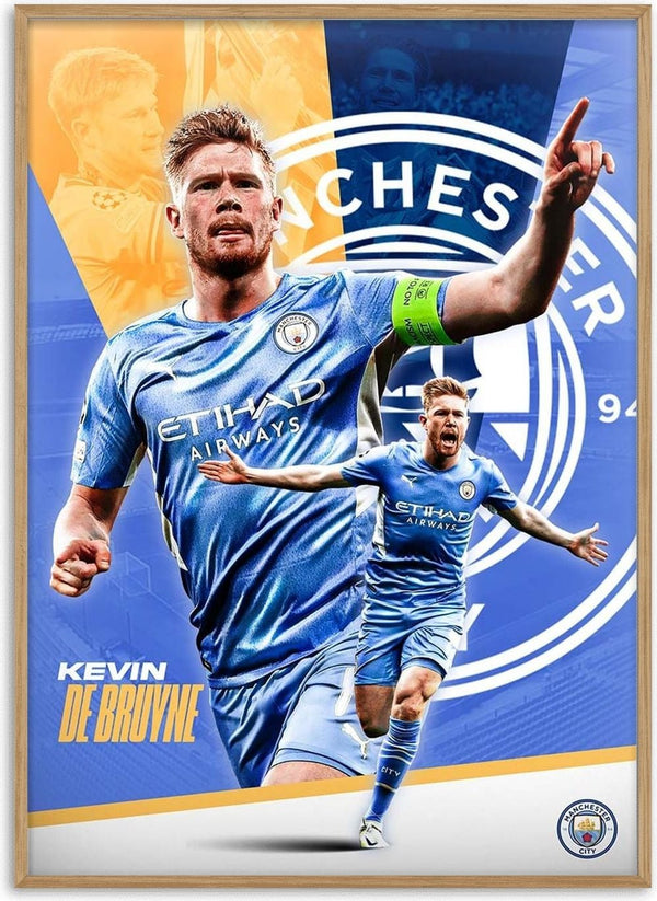 Poster of footballer Kevin De Bruyne in Manchester City kit, with dynamic poses and club logo in the background.