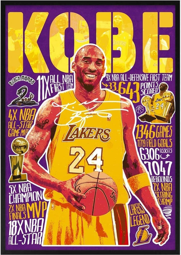 Poster of Kobe Bryant in Lakers jersey with career highlights and stats, featured on Kobe - Ricardo Noble product page.
