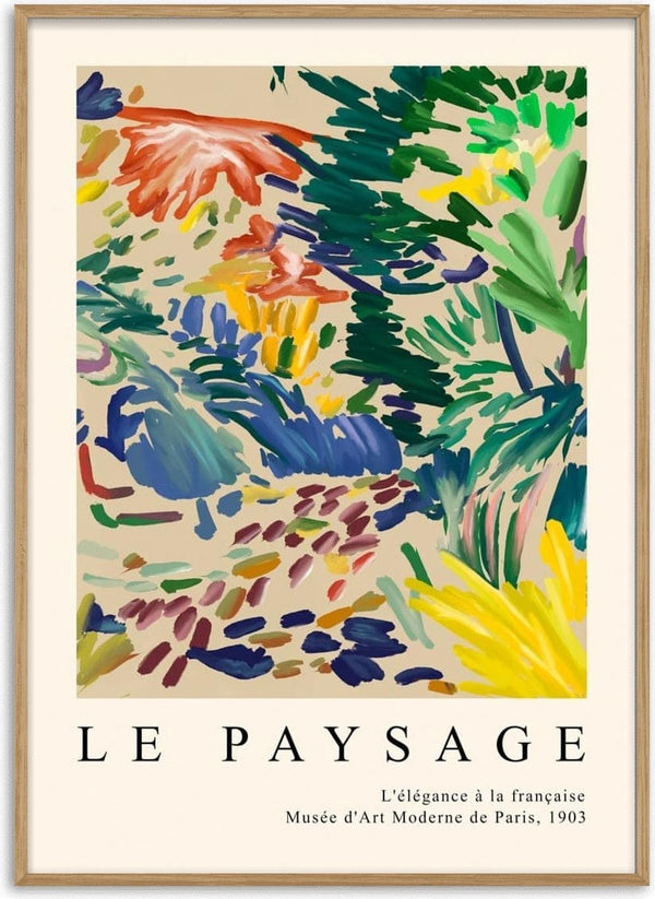 Abstract Matisse-inspired landscape in vibrant colors, text reads "Le Paysage" and details a Paris art exhibit.