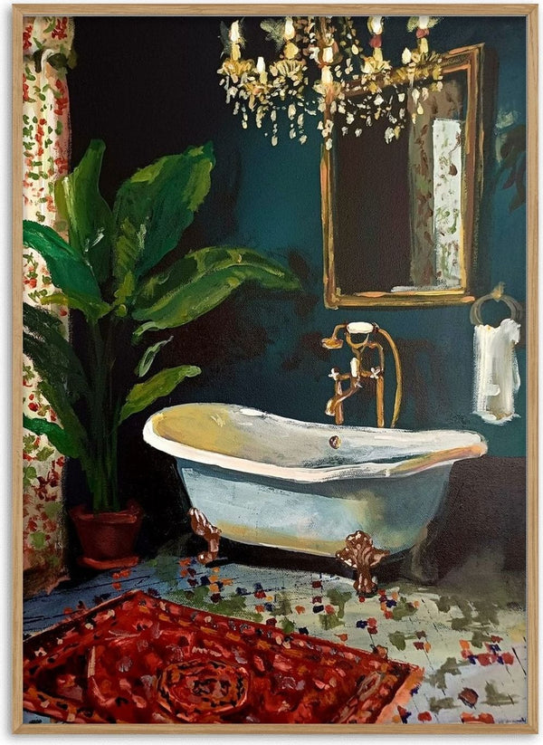 Le bain en vert by Mariam De Giorgio — a claw-foot bathtub against a deep green wall with a chandelier, a leafy plant and a red rug.