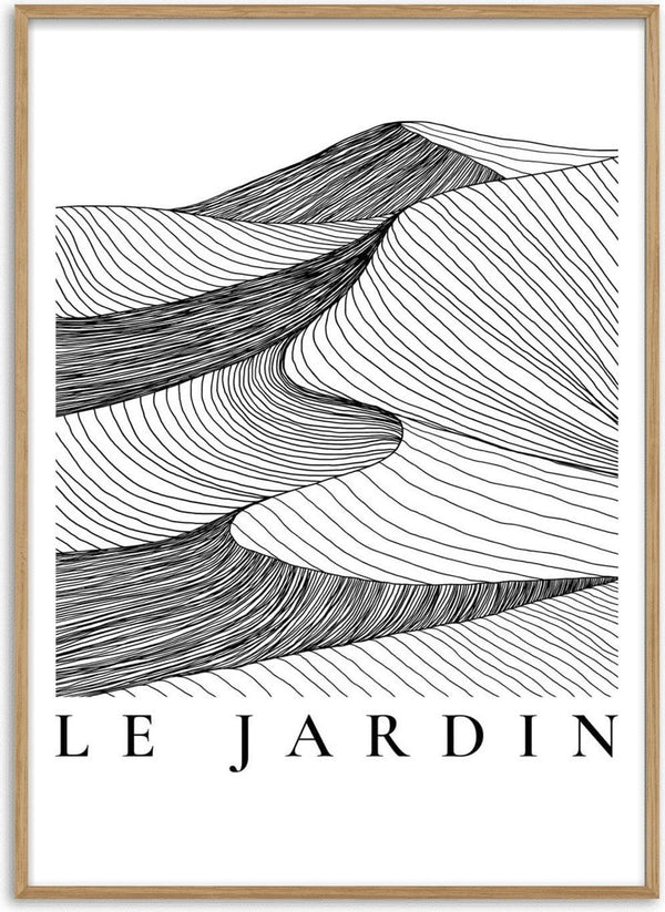 Abstract black line art of sand dunes with "LE JARDIN" text, featured on the Le Jardin Black Plakat product page.