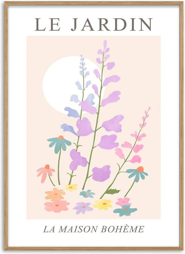 Abstract floral illustration with pastel flowers and greenery, sun in background. Text reads "Le Jardin" and "La Maison Bohème".