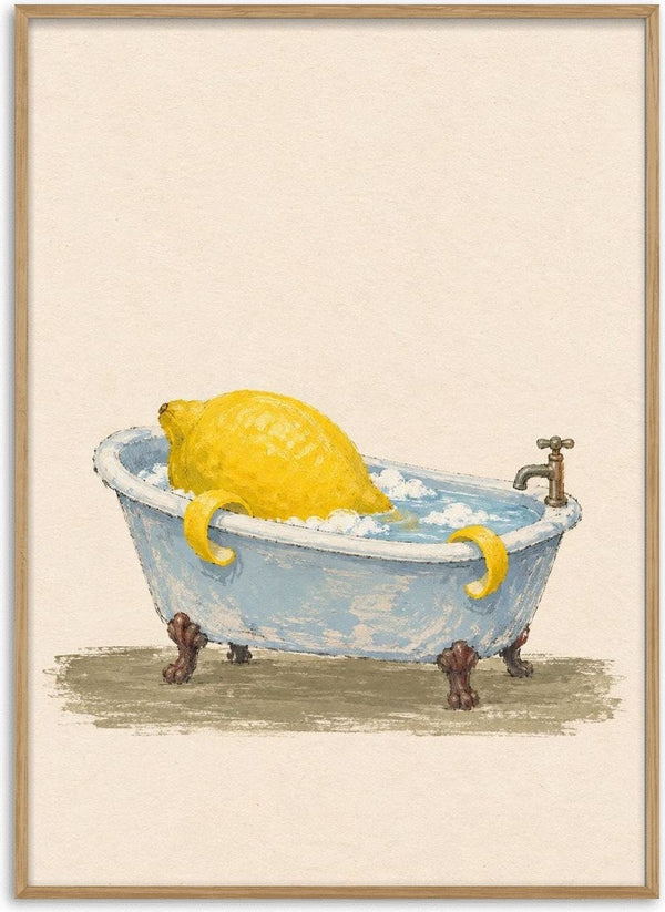 Lemon Takes a Bath by Matthews Gallerie - a yellow lemon lying in a pale blue clawfoot bathtub full of bubbles