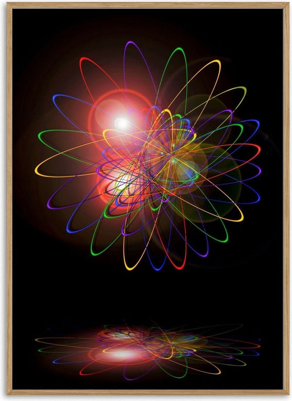 Light and Energy by Walter Zettl - neon coloured orbits looping around a glowing white centre on a black background