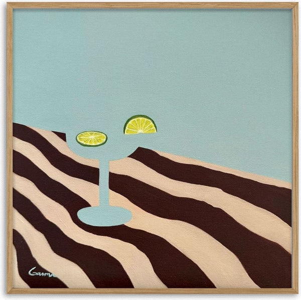 Lime by Elva Garma - aqua cocktail glass with lime slices on a brown and cream striped cloth