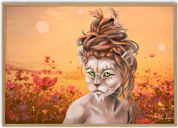 lion woman by Sofia de Lemos - a lion-faced woman in a field of pink cosmos at sunset