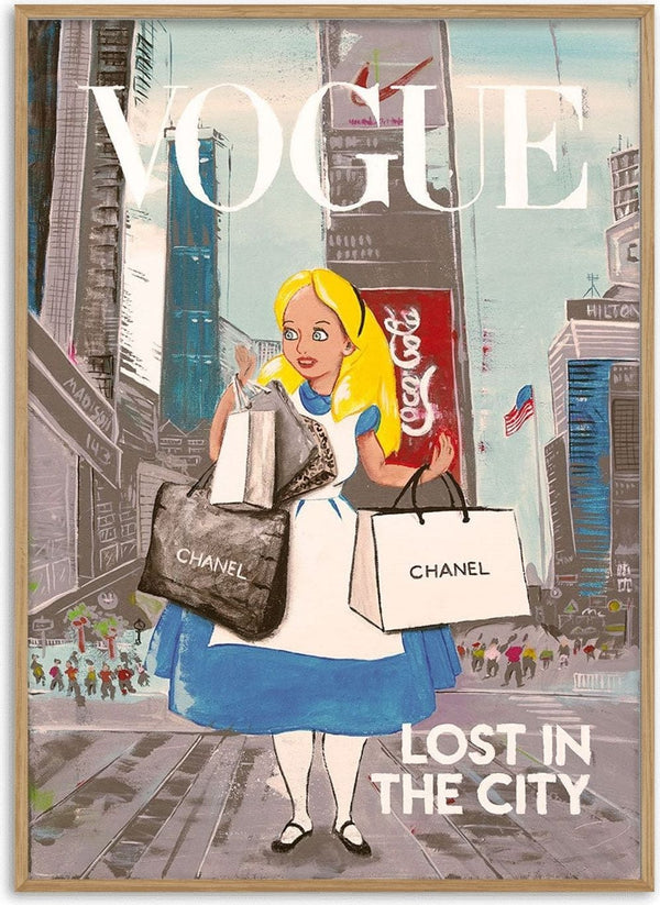 Artwork of Alice holding shopping bags in a city, with "VOGUE" and "LOST IN THE CITY" text on the product page for Daniel Leo.