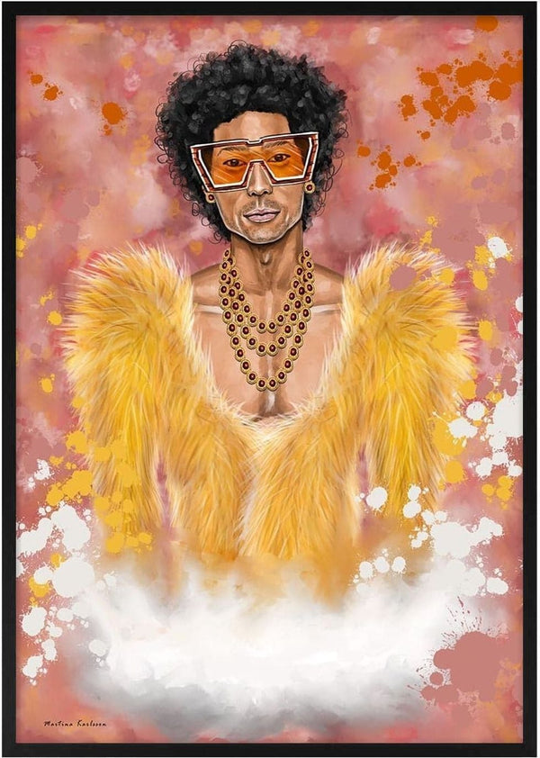 Digital artwork of a person in yellow fur, layered necklaces, and orange glasses on a pink background, by Martina Karlsson.