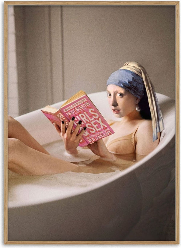 Chillin Time by Dikhotomy - young woman with a blue and yellow headscarf and a pearl earring reading a pink book in a white bathtub