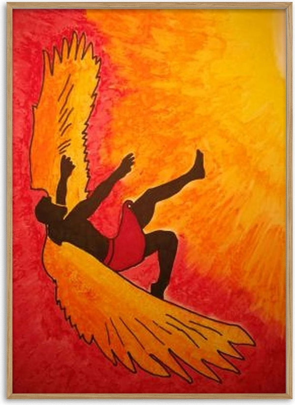 Manie oder der Flug des Ikarus by Olaf Baier - a dark figure with golden wings falling through red and yellow light