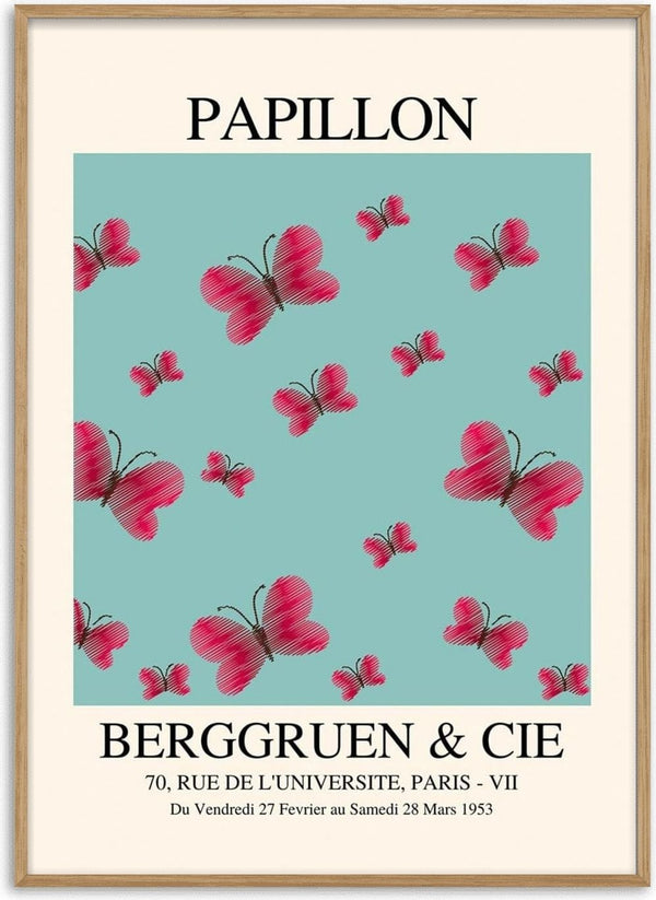 Poster with pink butterflies on a blue background, text reads "PAPILLON BERGGRUEN & CIE" and Paris address.
