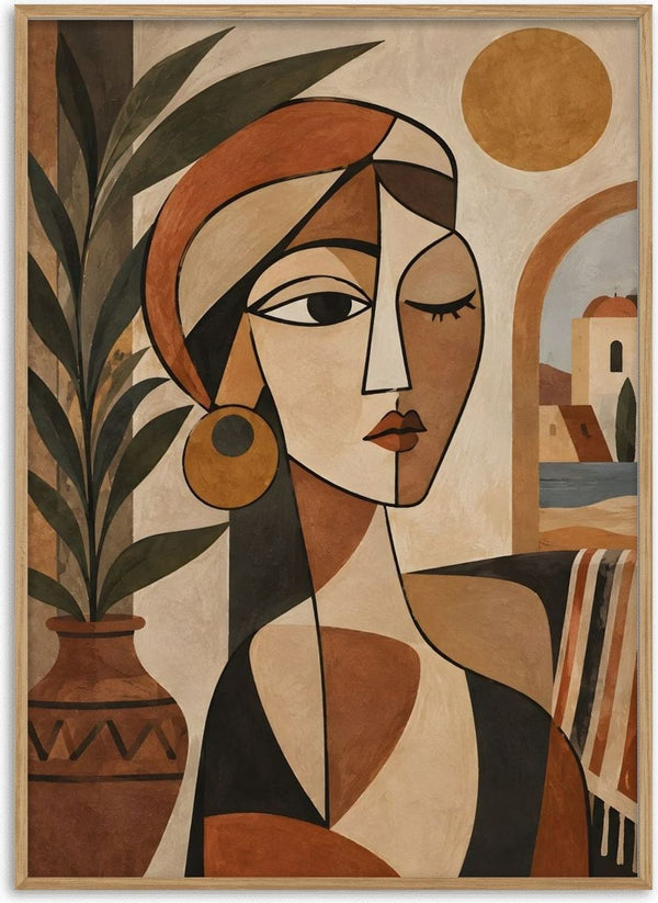 Mediterranean Cubist Woman by TimlessArtworks - a split terracotta and cream face with a sunlit village behind