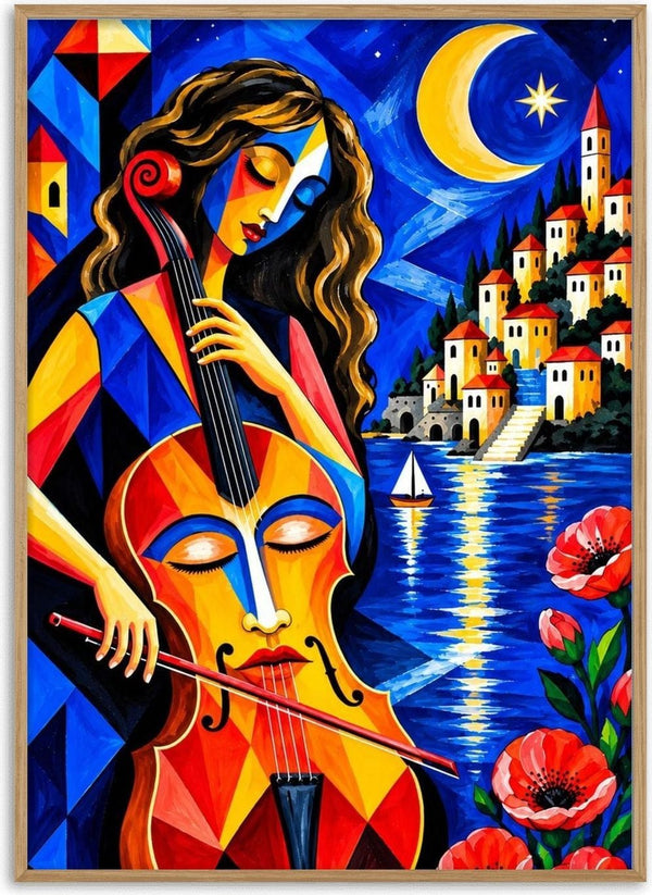 Melody of the Blue Night by Andreas Gerlach - a woman playing a cello under a crescent moon by the sea
