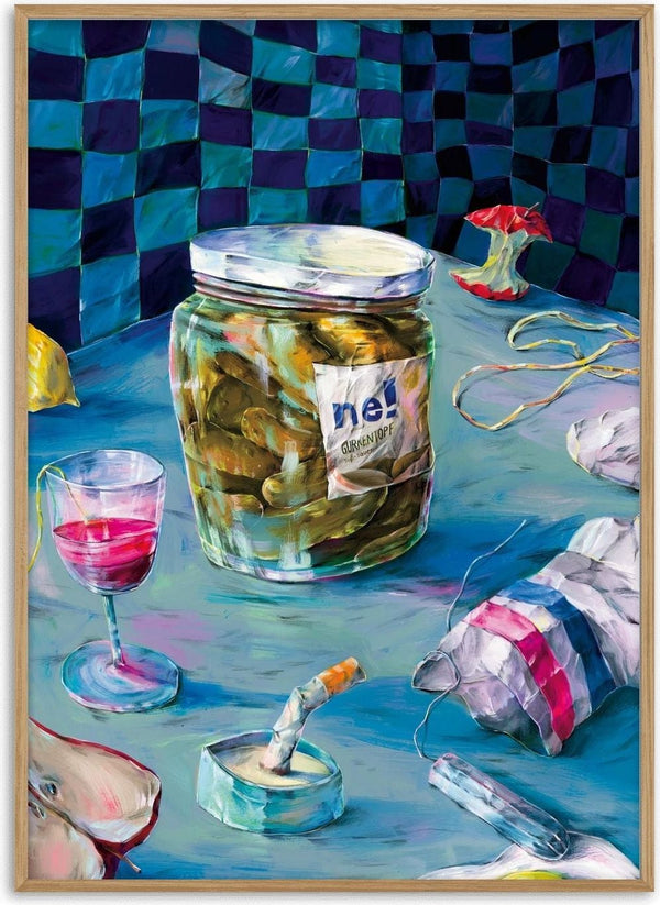 Messy Kitchen Table Still Life by Natascha Baumgärtner – pickle jar, wine glass and leftovers on a blue table