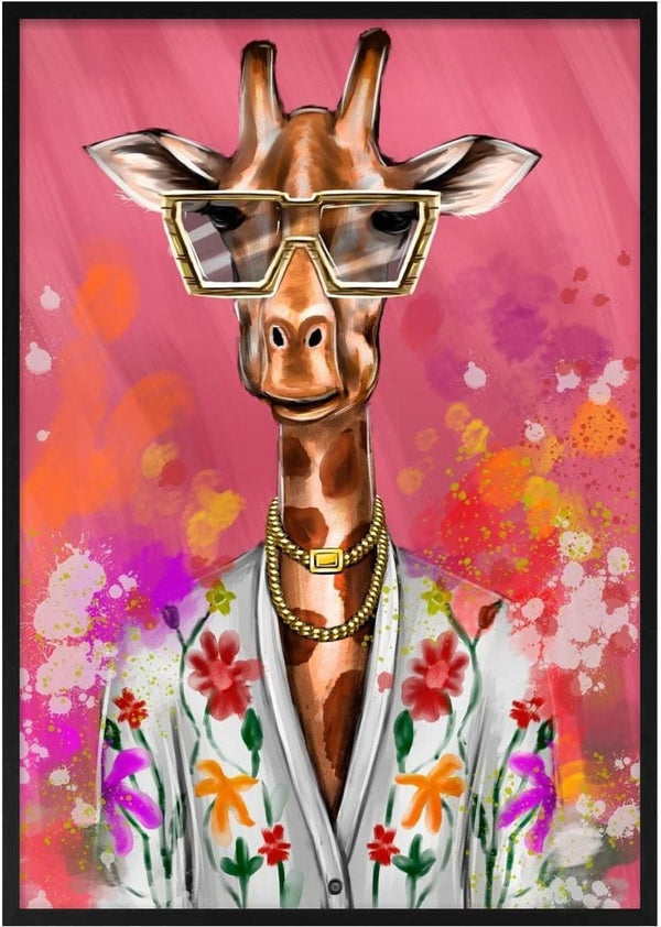 Stylish giraffe in sunglasses and floral jacket on a pink background, Miami Vice Giraf Plakat product image.
