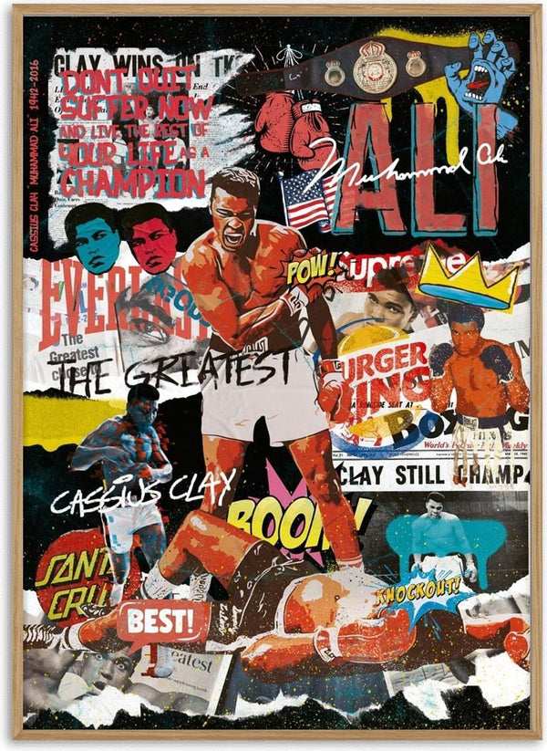 Colorful collage of Muhammad Ali boxing, magazine clippings, bold text, and pop art elements celebrating his legacy.