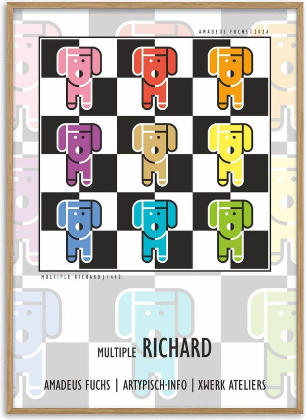 Multiple Richard - Animal Signal by Amadeus Fuchs - nine coloured dogs in a grid on a black and white chequerboard