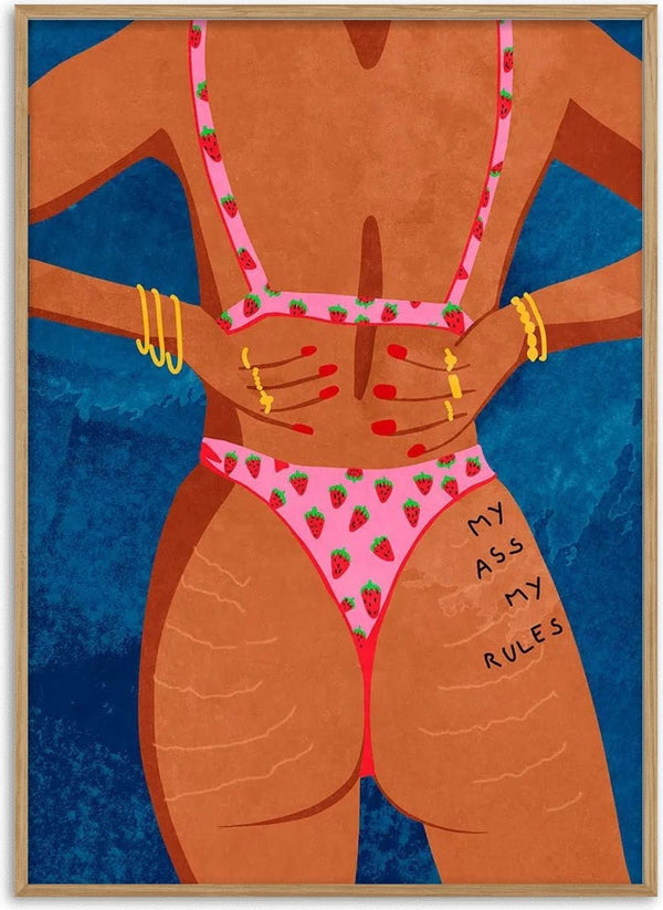Illustration of a woman in strawberry-patterned lingerie with "MY ASS MY RULES" written on her hip.